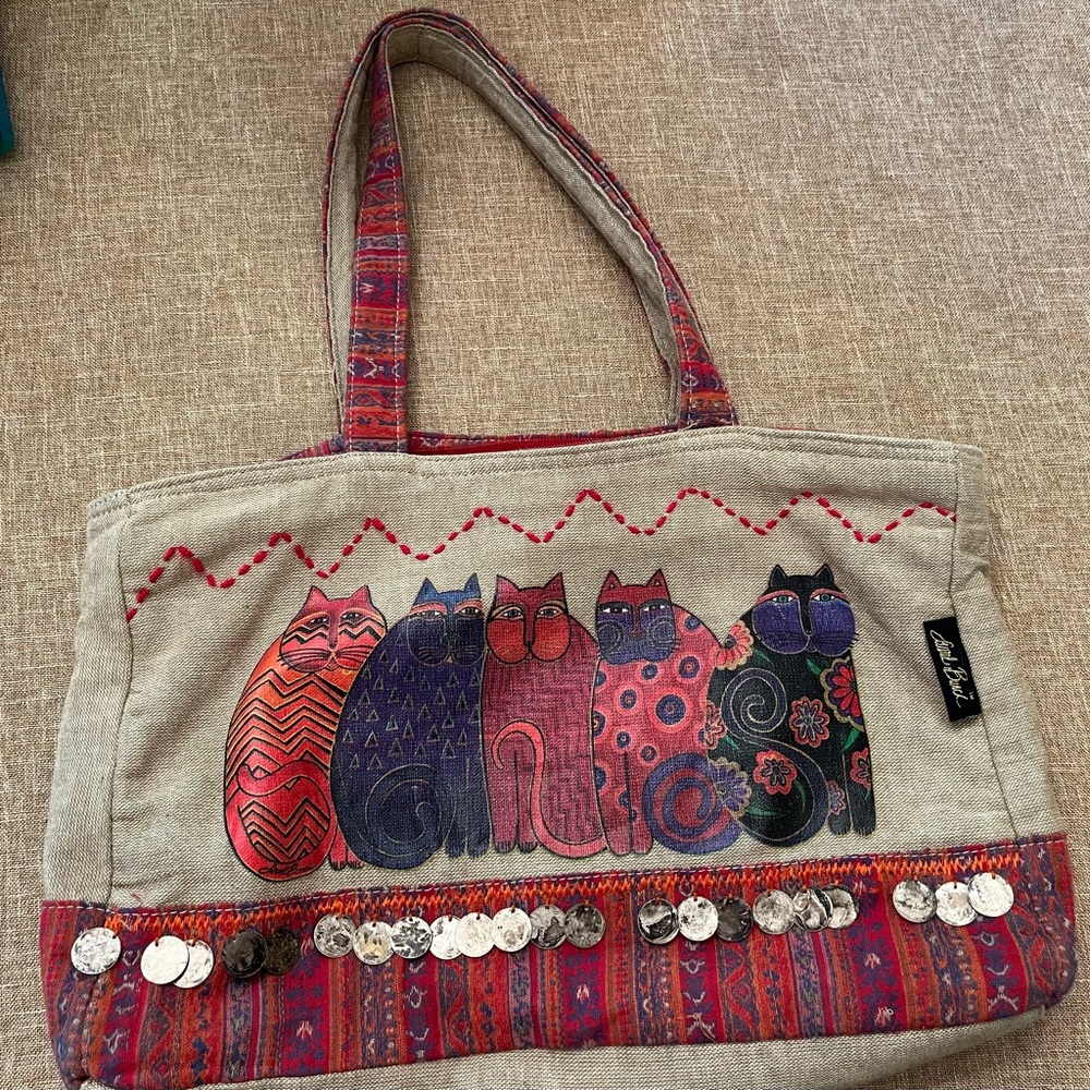 Laurel Burch Vintage Colorful Tote Bag with 5 Cats & Sequins - 17”